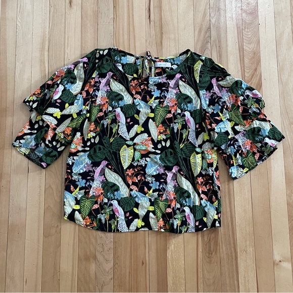 Per Una Bold Tropical Flower & Bird Print with Ruffled Sleeve Top - UK 8 / US 4 - Picture 2 of 16